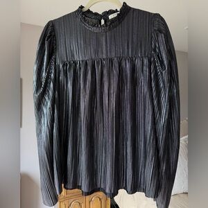 Lavender Brown Metallic Silver & Black Pleated Long Sleeve Ruffle Neck Top, sz L